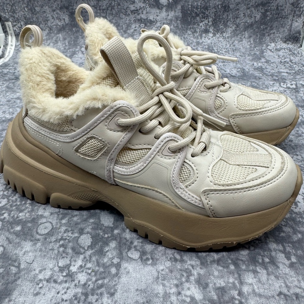 Zara Ecru Faux Fur Lined Lace-Up Trainers